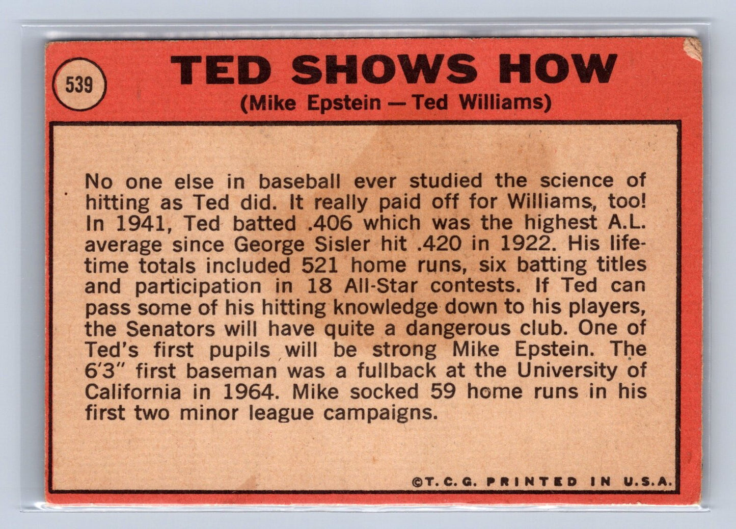 1969 Topps Ted Williams Mike Epstein Ted Shows How #539
