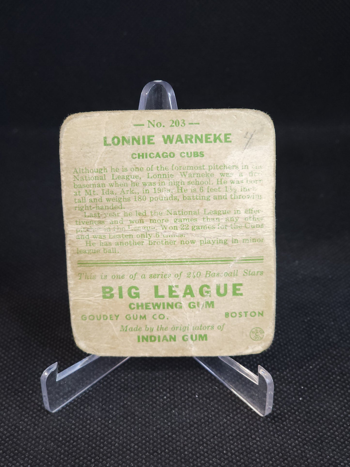 1933 Goudey Big League Chewing Gum Lonnie Warneke #203