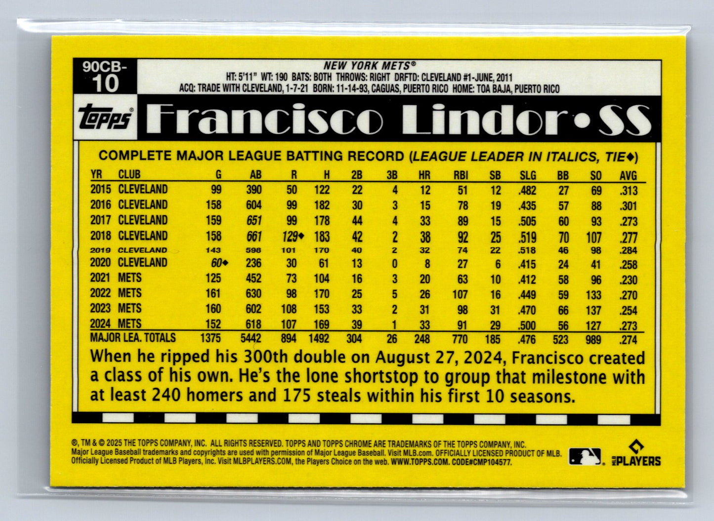 2025 Topps Chrome Francisco Lindor 35th Anniversary 1990 #90CB-10