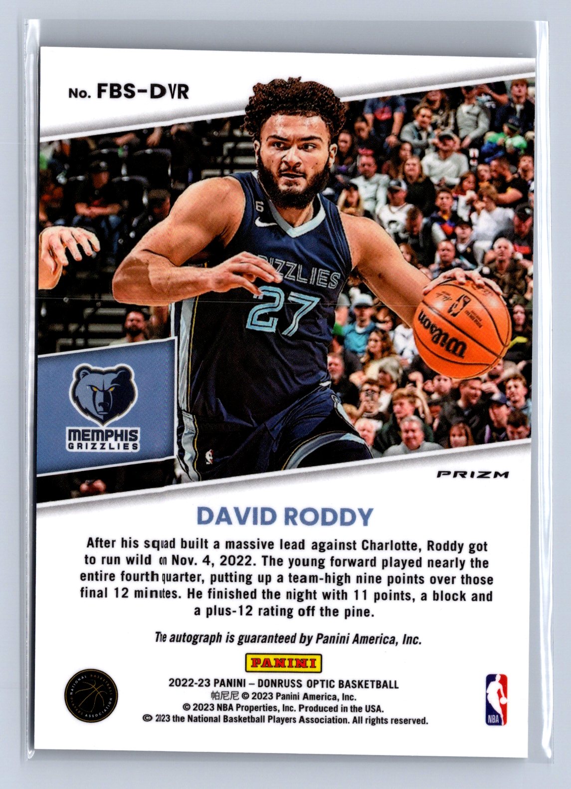 2022-23 Panini Donruss Optic Fast Break Signature David Roddy Auto #FBS-DVR