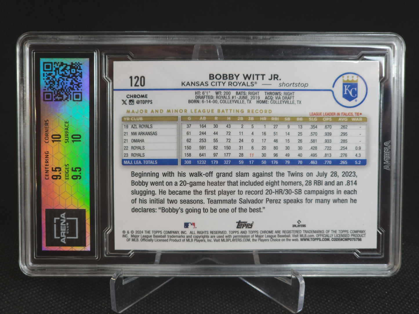 2024 Topps Chrome Bobby Witt Jr. Lightboard Logo Refractor #120 Arena Club 10
