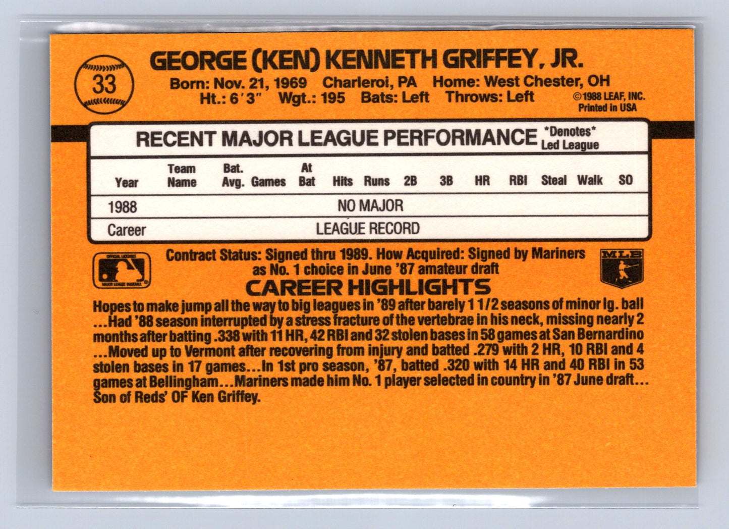 1988 Donruss Rated Rookie Ken Griffey Jr. #33