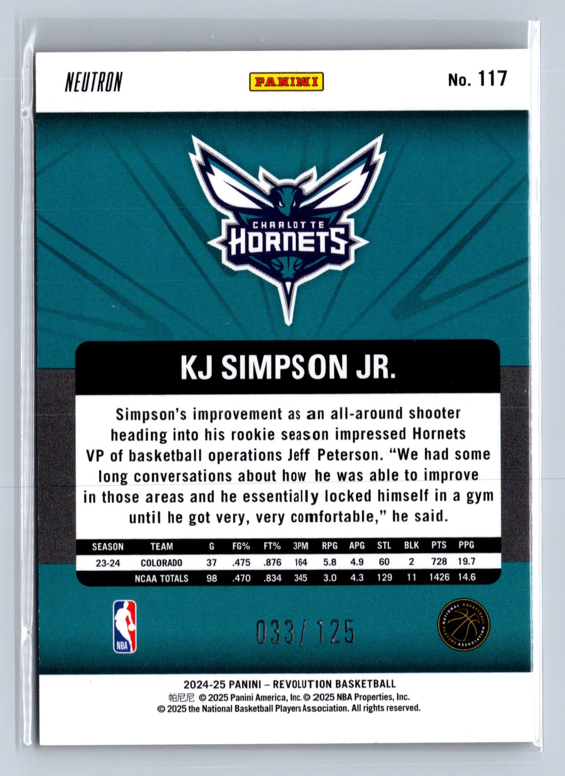 2024-25 Panini Revolution Neutron KJ Simpson Jr. /125 #117