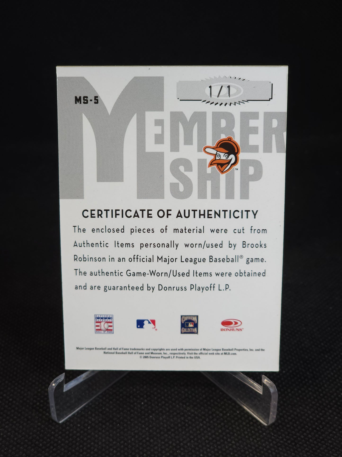 2005 Donruss Classics Membership VIP Brooks Robinson Patch Auto 1/1 #MS-5