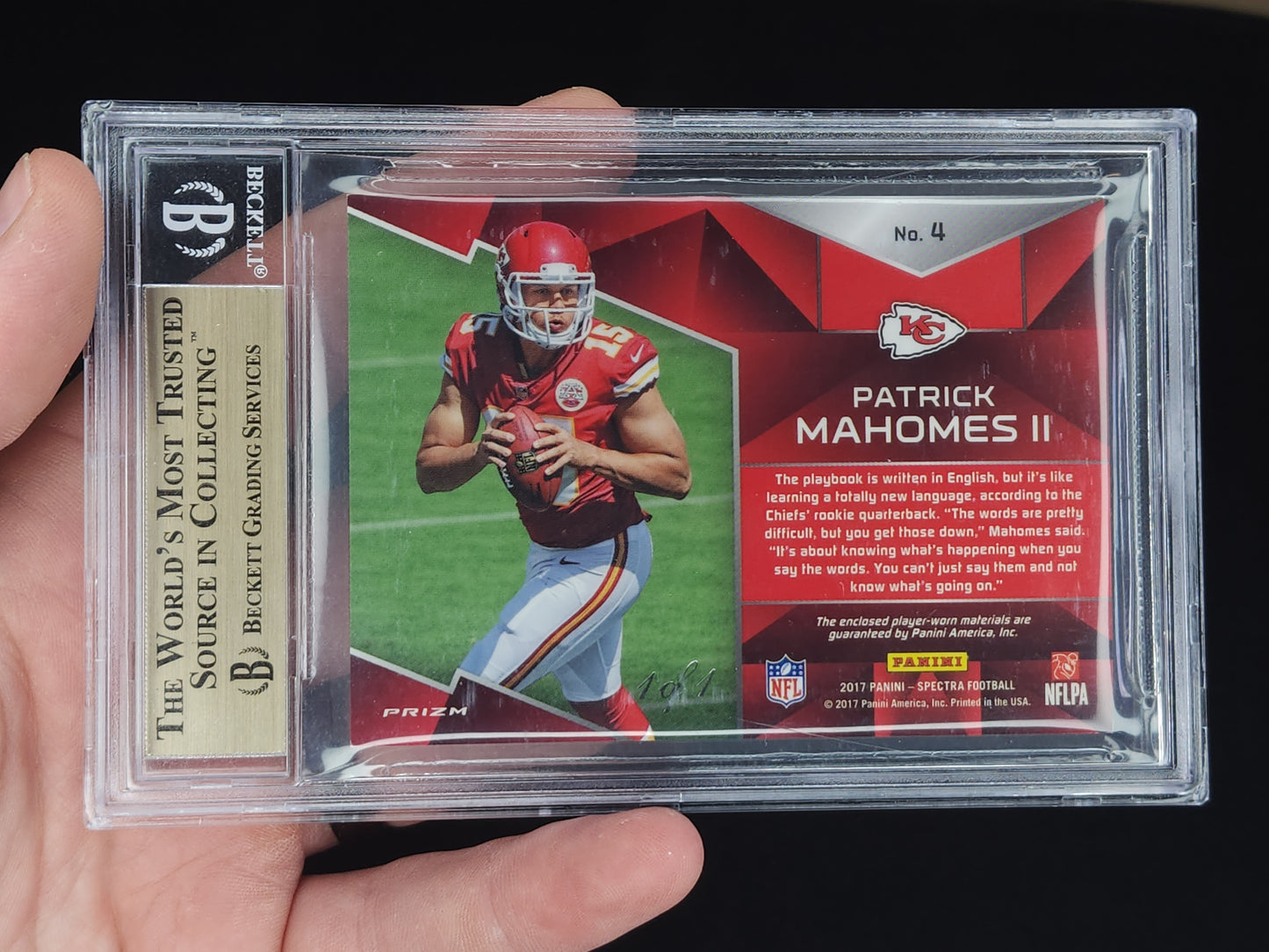 2017 Spectra Rising Rookie Patch Patrick Mahomes II Gold Vinyl 1/1 #4 BGS 9.5