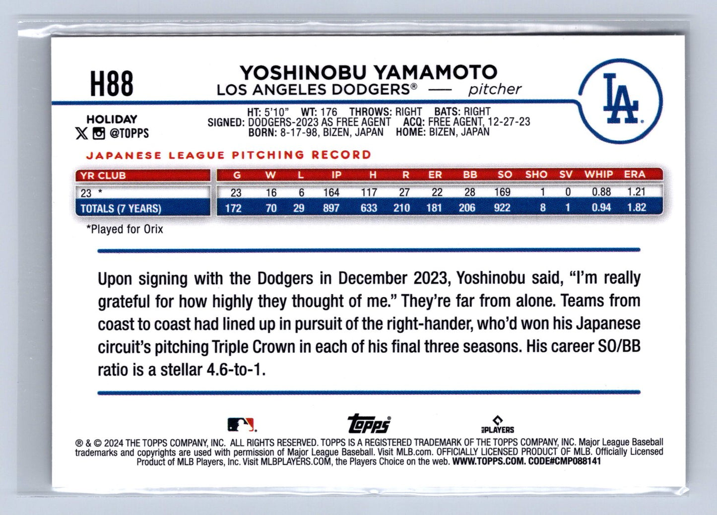 2024 Topps Holiday Yoshinobu Yamamoto Silver Glitter #H88