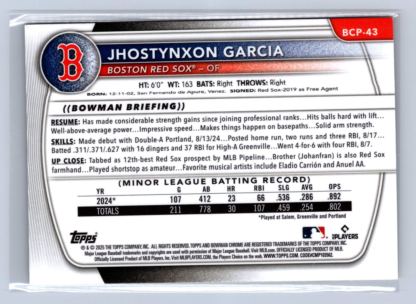2025 Bowman Chrome Prospects Jhostynxon Garcia Mega Box Mojo Refractor #BCP-43