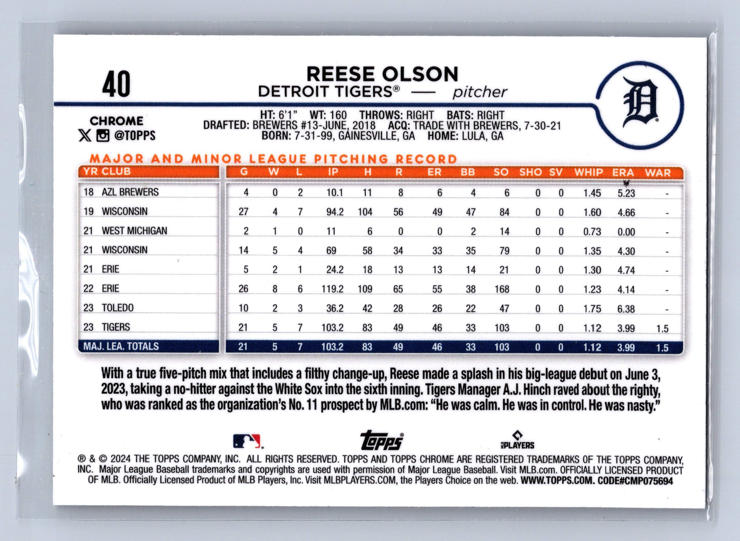 2024 Topps Chrome Reese Olson X-Fractor #40