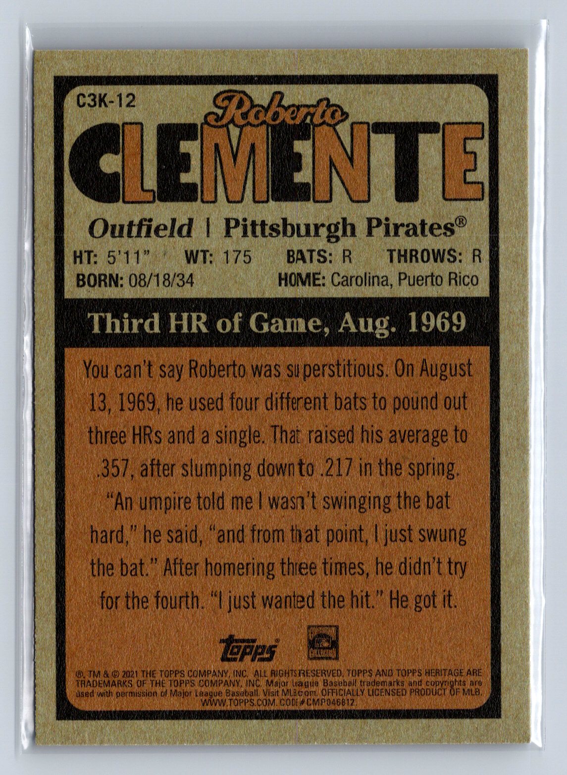 2021 Topps Heritage Roberto Clemente 3000 Hits #C3K-12