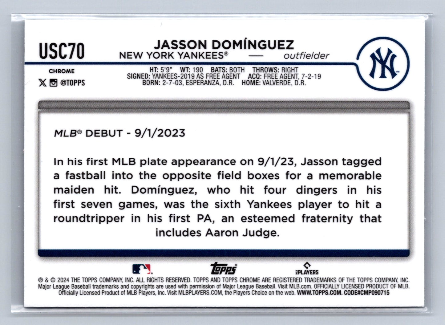 2024 Topps Chrome Update Jasson Domínguez #USC70