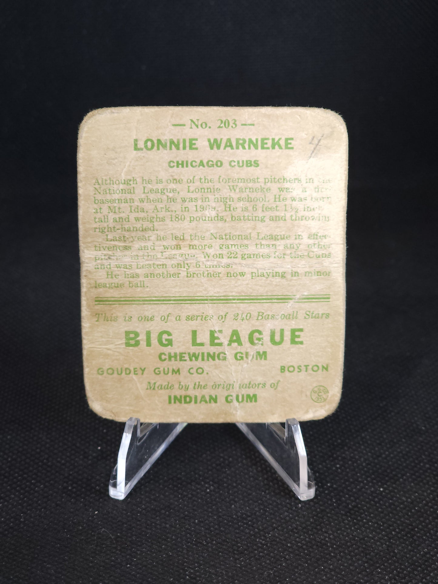 1933 Goudey Big League Lonnie Warneke #203