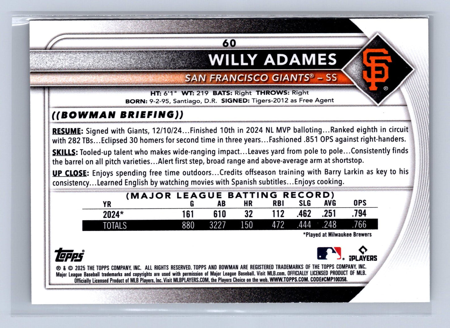2025 Bowman Willy Adames Black /10 #60