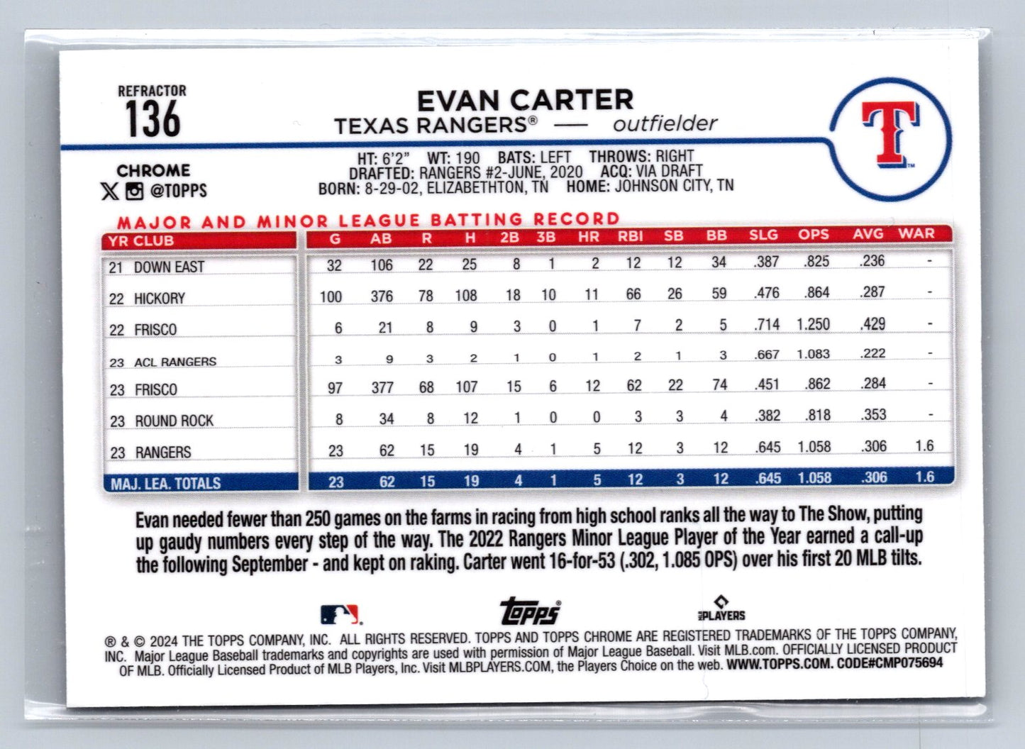 2024 Topps Chrome Evan Carter Refractor #136