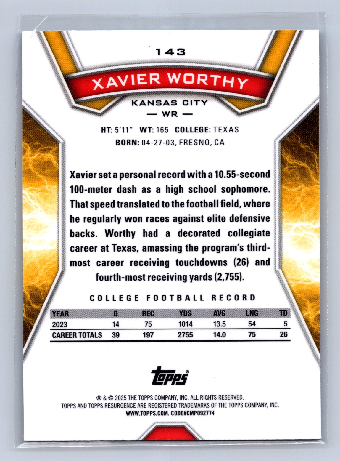 2024 Topps Resurgence Xavier Worthy Blue Orange Spark #143