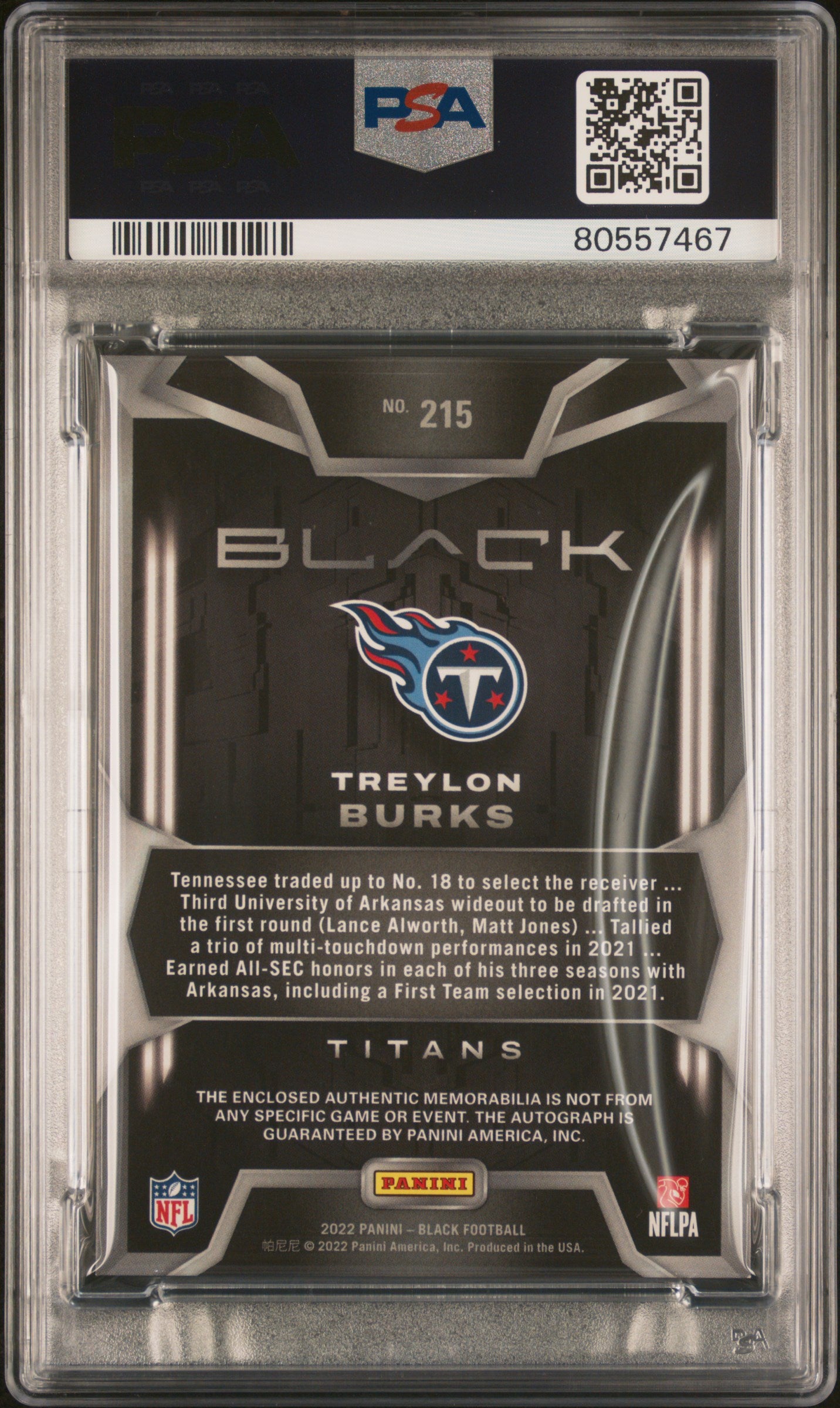 2022 Panini Black Treylon Burks Patch Auto Emerald /25 #215 PSA 7