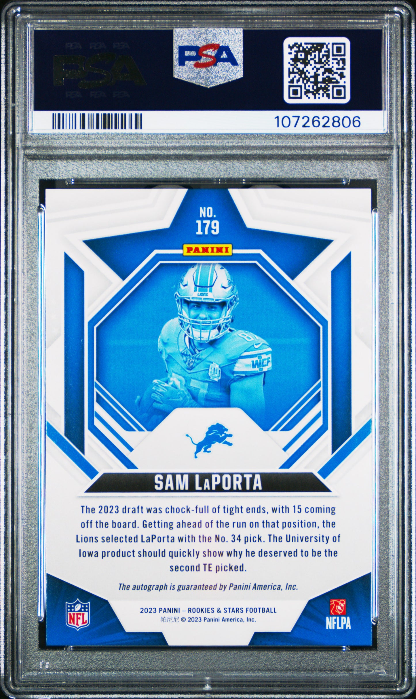2023 Panini Rookies & Stars Sam Laporta Auto Orange #179 PSA 10 /75