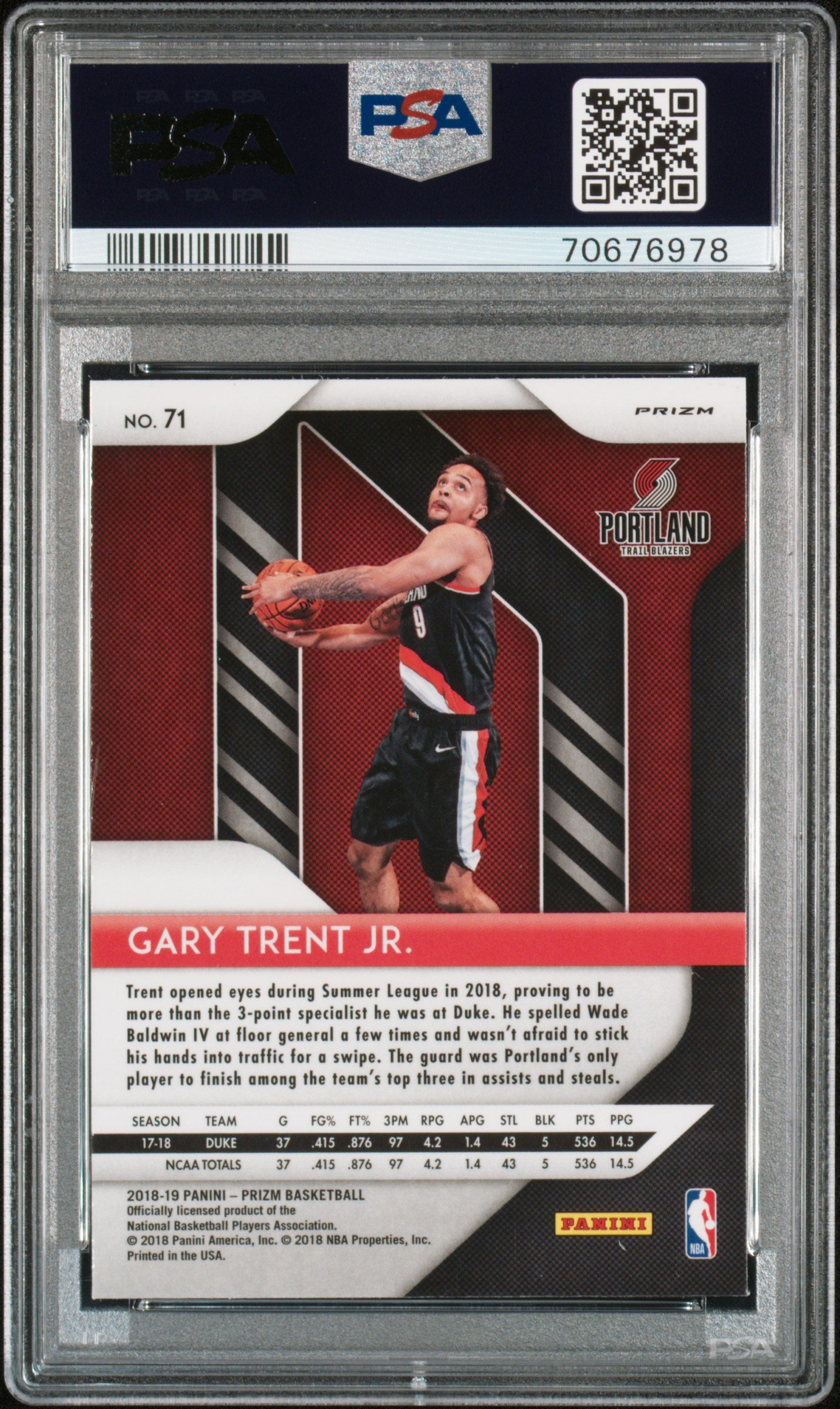 2018 Panini Prizm Gary Trent JR. Purple Wave #71 PSA 10