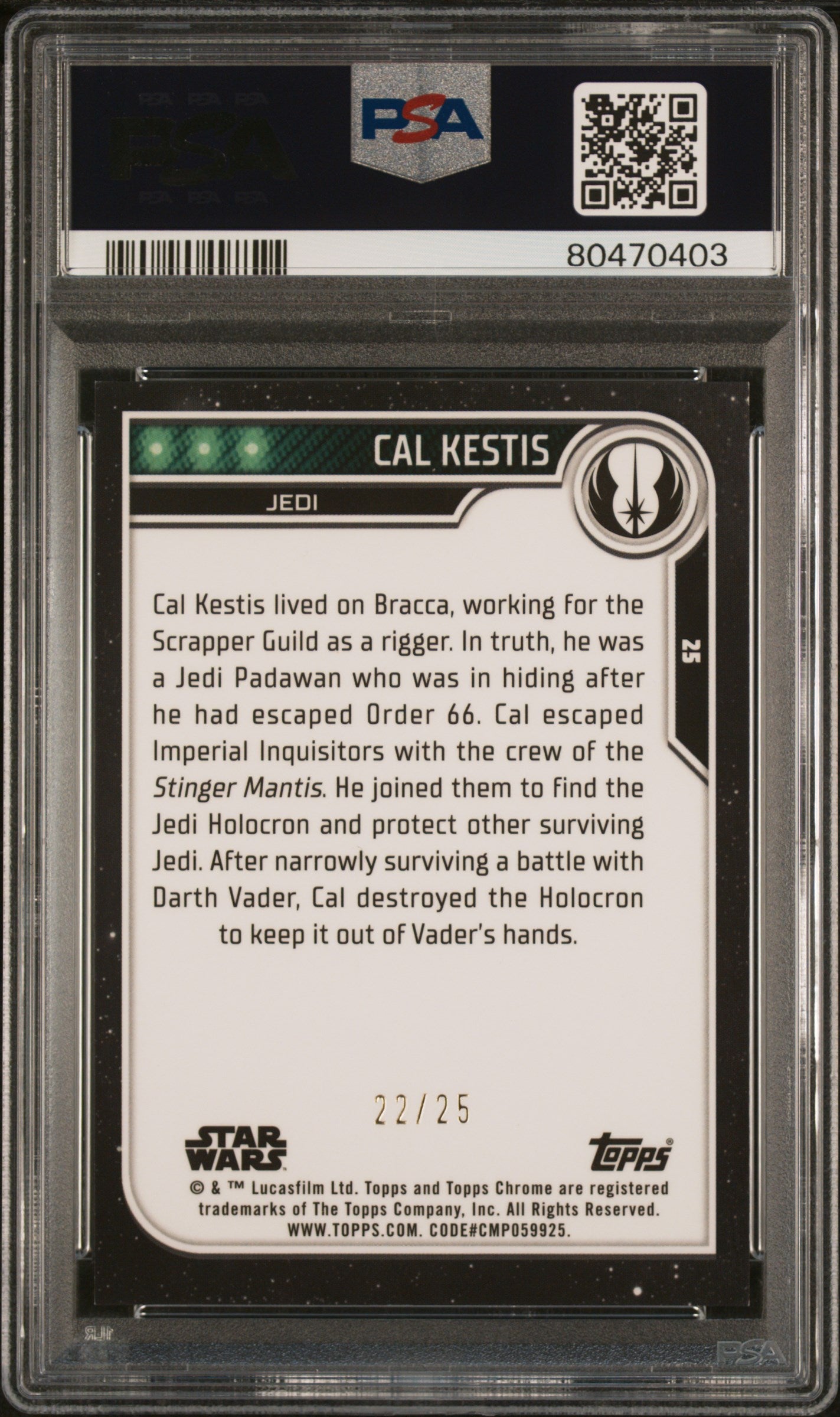 2023 Topps Chrome Star Wars Cal Kestis Orange Refractor /25 #25 PSA 9