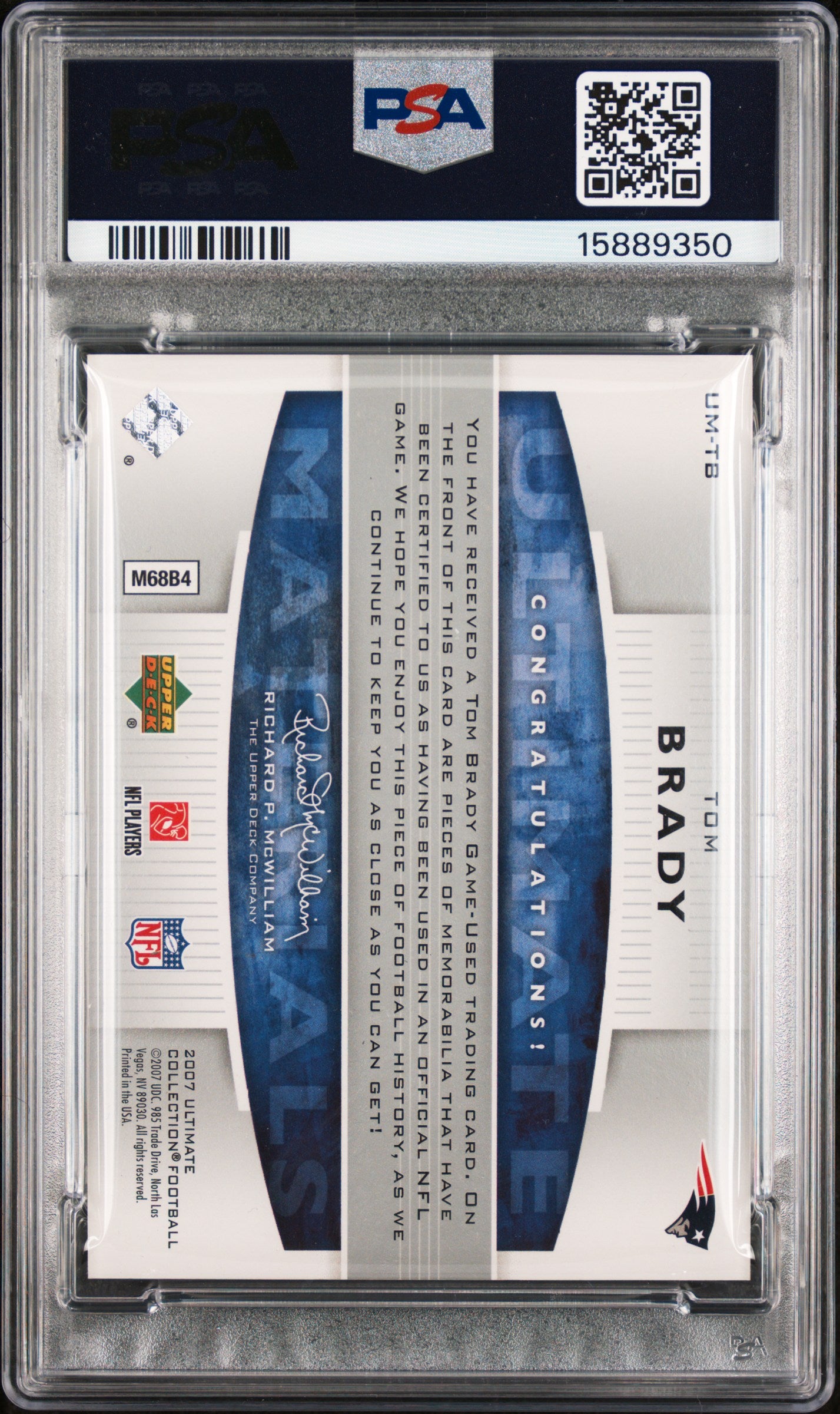 2007 Ultimate Collection Materials Tom Brady Silver /125 Game Used #UM-TB PSA 10