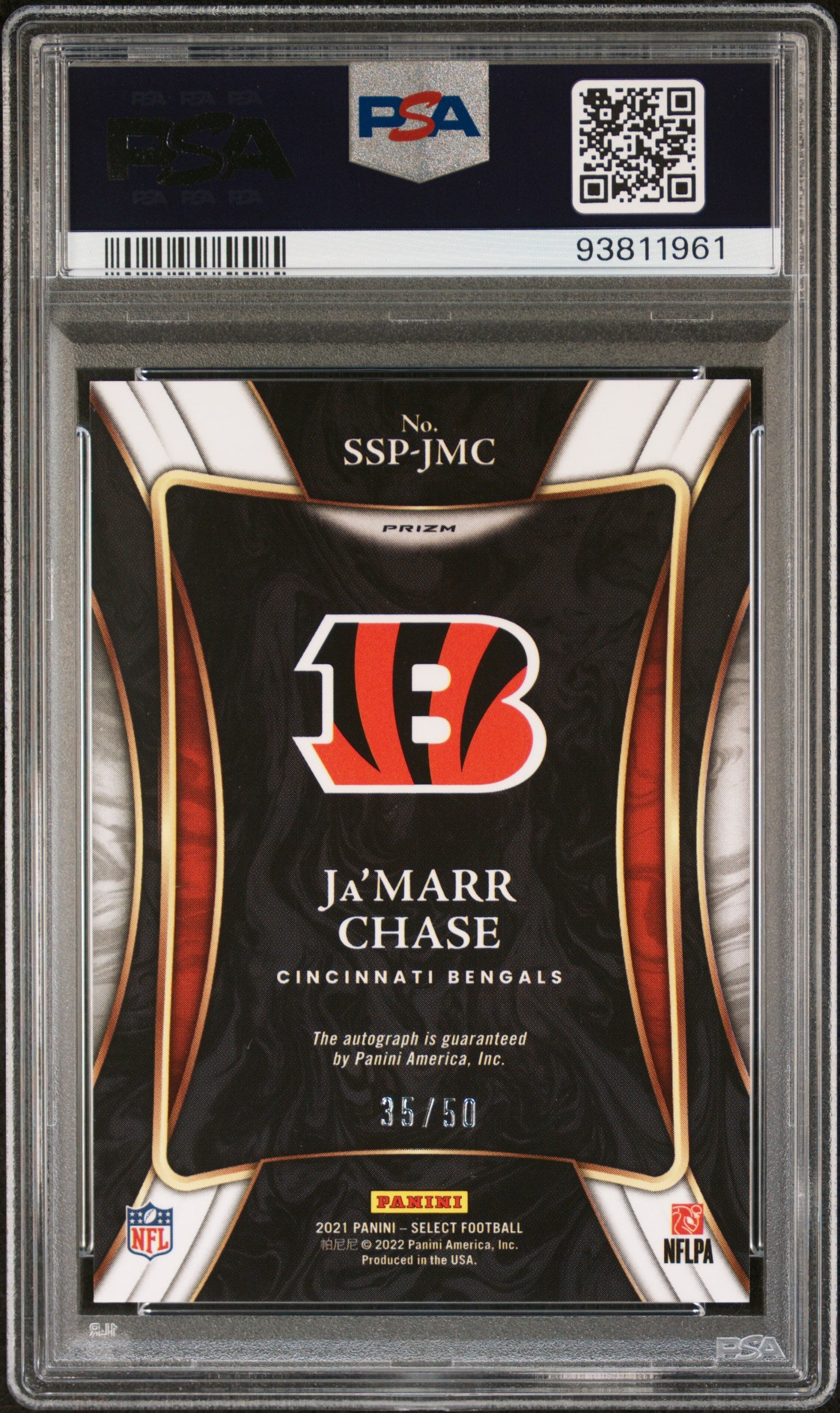 2021 Panini Select Signatures Ja'marr Chase Blue Prizm /50 Auto #SSPJMC PSA 10
