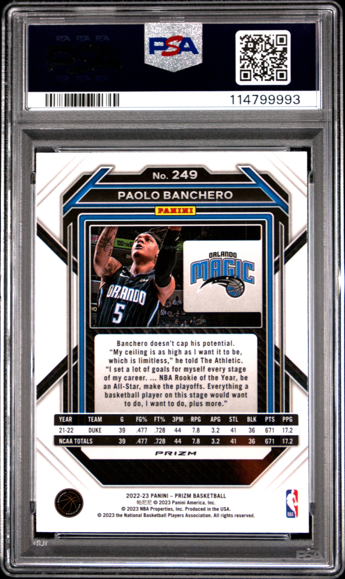 2022 Panini Prizm Paolo Banchero Silver #249 PSA 10