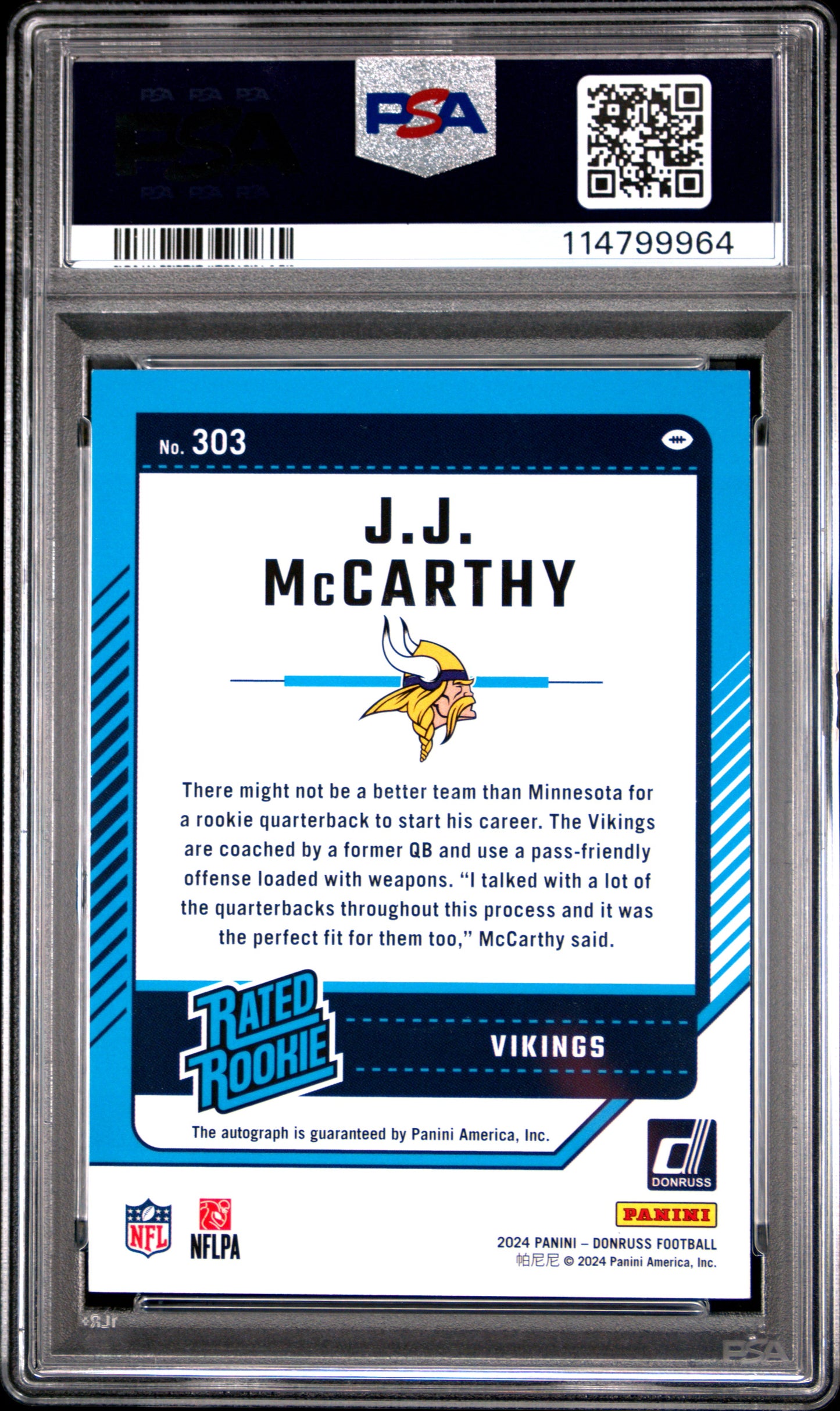 2024 Panini Donruss JJ Mccarthy Autograph Green #303 PSA 9