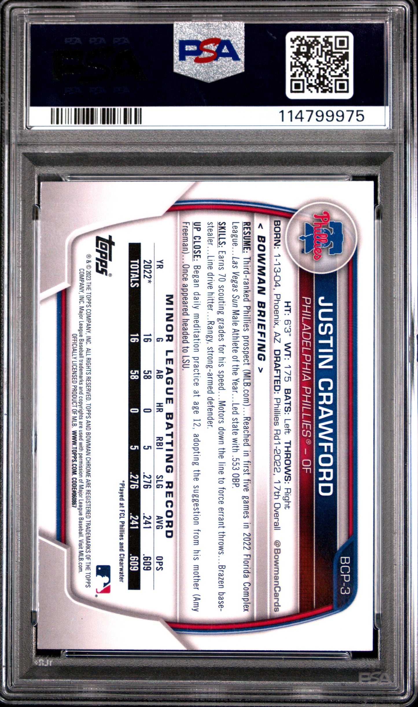 2023 Bowman Mega Box Chrome Justin Crawford #3 PSA 10