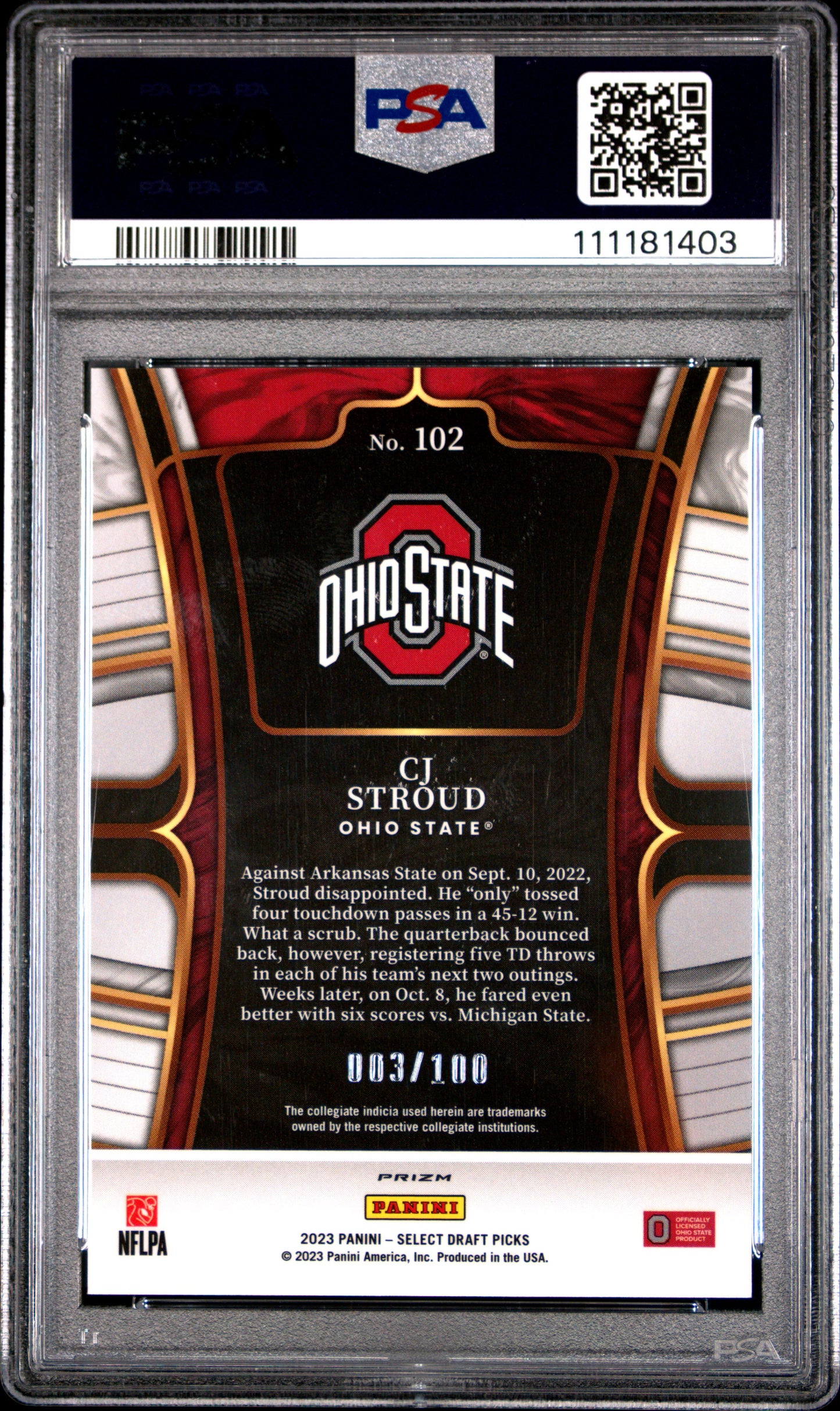 2023 Panini Select Draft Picks CJ Stroud Green & Purple Squares /100 #102 PSA 10