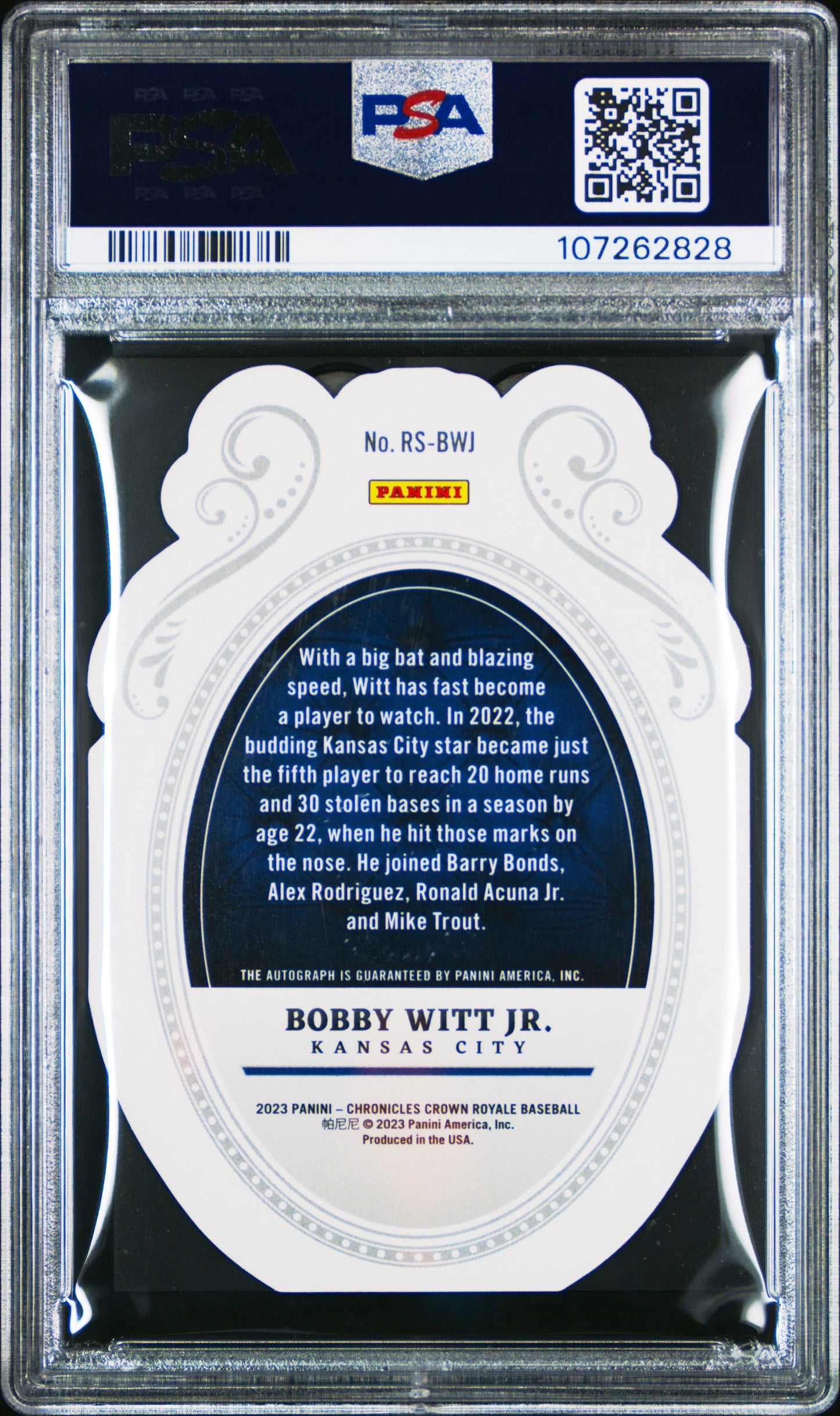 2023 Chronicles Crown Royale Royal Auto Bobby Witt Jr Holo Gold #RSBWJ PSA 9 /19