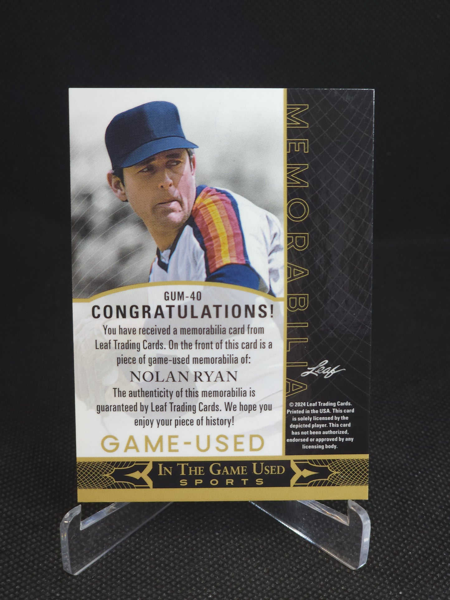 2024 Leaf In The Game Used Sports Nolan Ryan Patch /4 #GUM-40