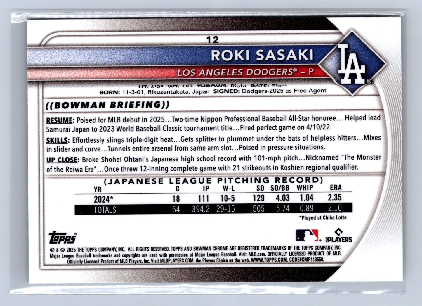2025 Bowman Chrome Roki Sasaki Red Rookie Logo #12