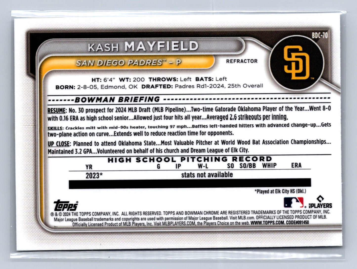 2024 Bowman Chrome Kash Mayfield Refractor #BDC-70