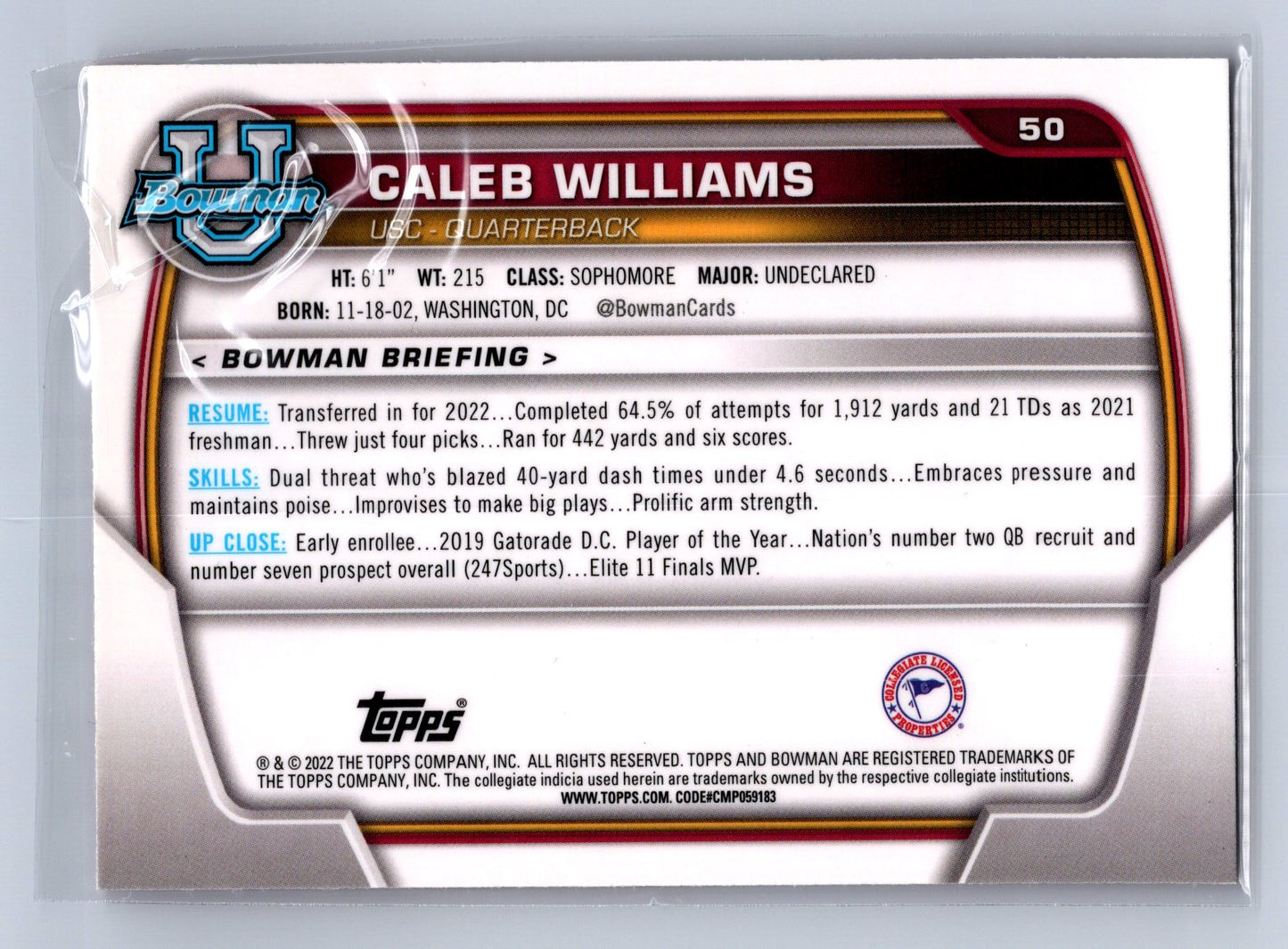 2022 Bowman University 1st Bowman Caleb Williams Pink Refractor #50