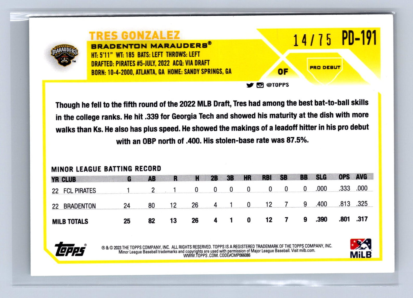 2023 Topps Pro Debut Tres Gonzalez Aqua Foil /75 #PD-191
