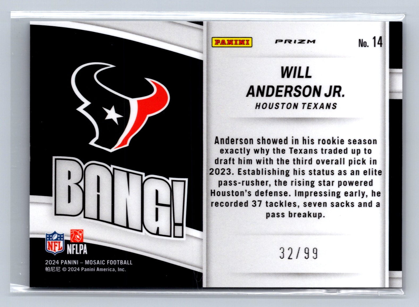 2024 Panini Mosaic Bang! Will Anderson Jr. Reactive Blue /99 #14