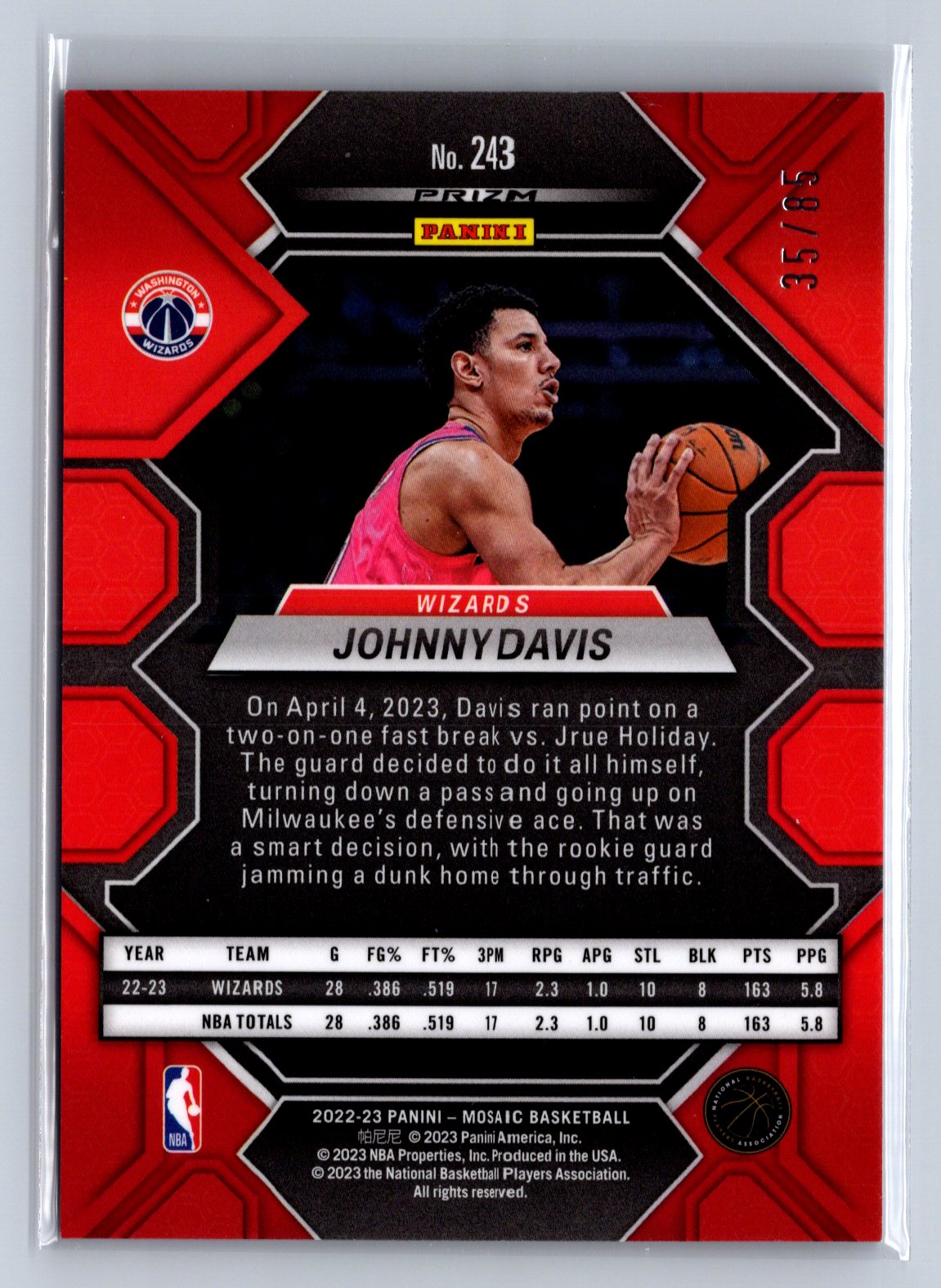 2022-23 Panini Mosaic Johnny Davis Fast Break Blue /85 #243