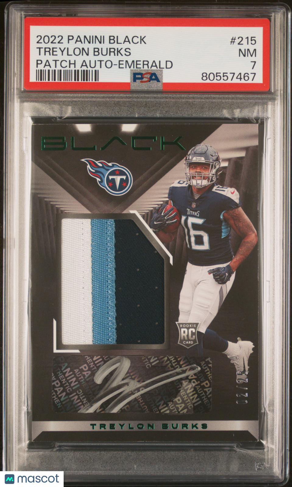 2022 Panini Black Treylon Burks Patch Auto Emerald /25 #215 PSA 7