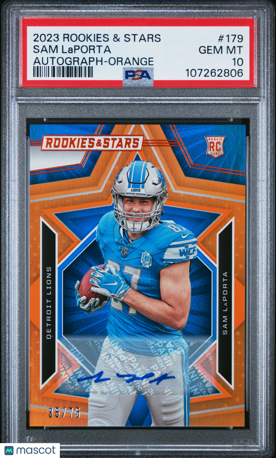 2023 Panini Rookies & Stars Sam Laporta Auto Orange #179 PSA 10 /75