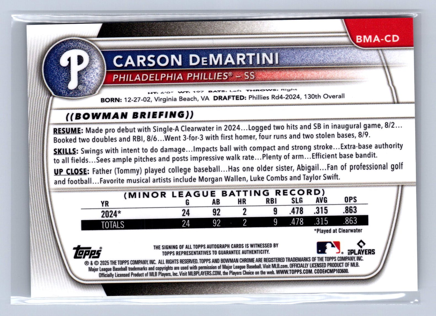 2025 Bowman Chrome Prospects Auto Carson DeMartini Mojo Refractor #BMA-CD