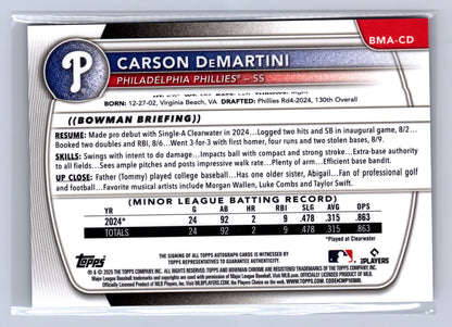 2025 Bowman Chrome Prospects Auto Carson DeMartini Mojo Refractor #BMA-CD
