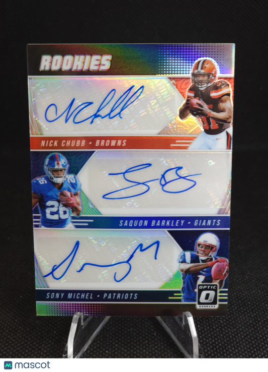 2018 Panini Donruss Optic Michel Saquon Barkley Nick Chubb Auto /15 #RT-NSS