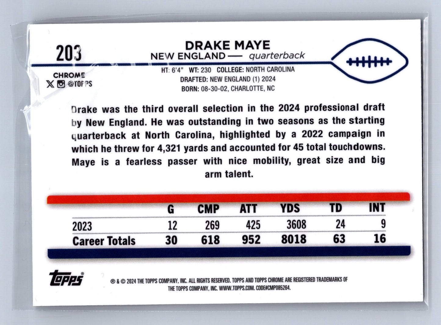 2024 Topps Chrome Drake Maye Sepia Refractor #203