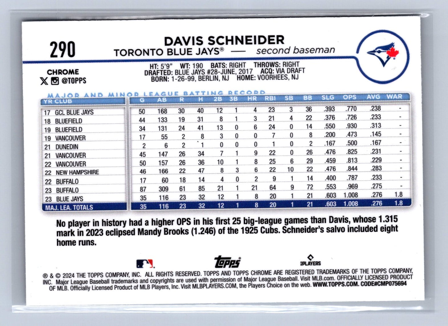 2024 Topps Chrome Davis Schneider X-Fractor #290