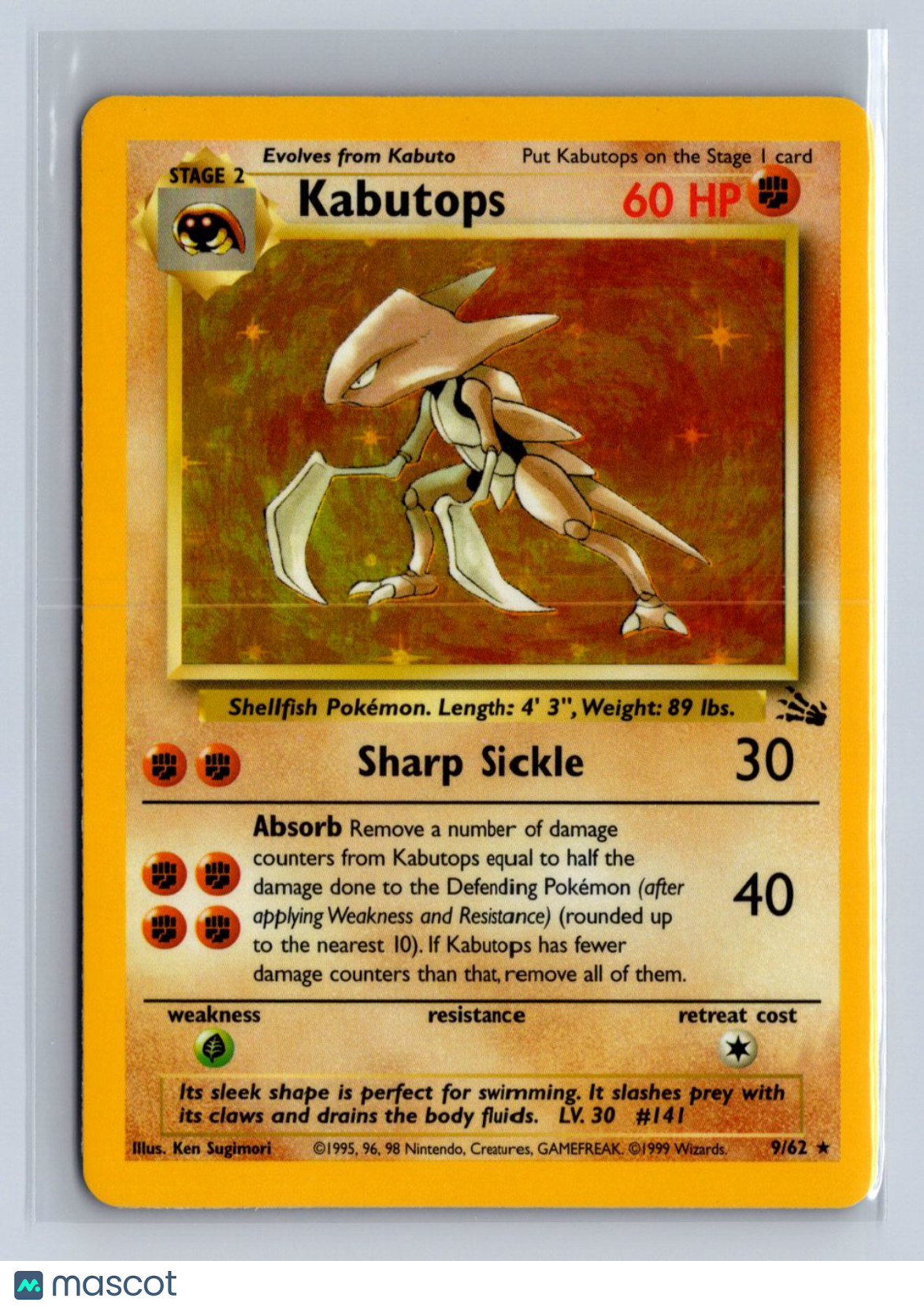 1999 Pokemon Fossil Kabutops Holo #9/62 LP