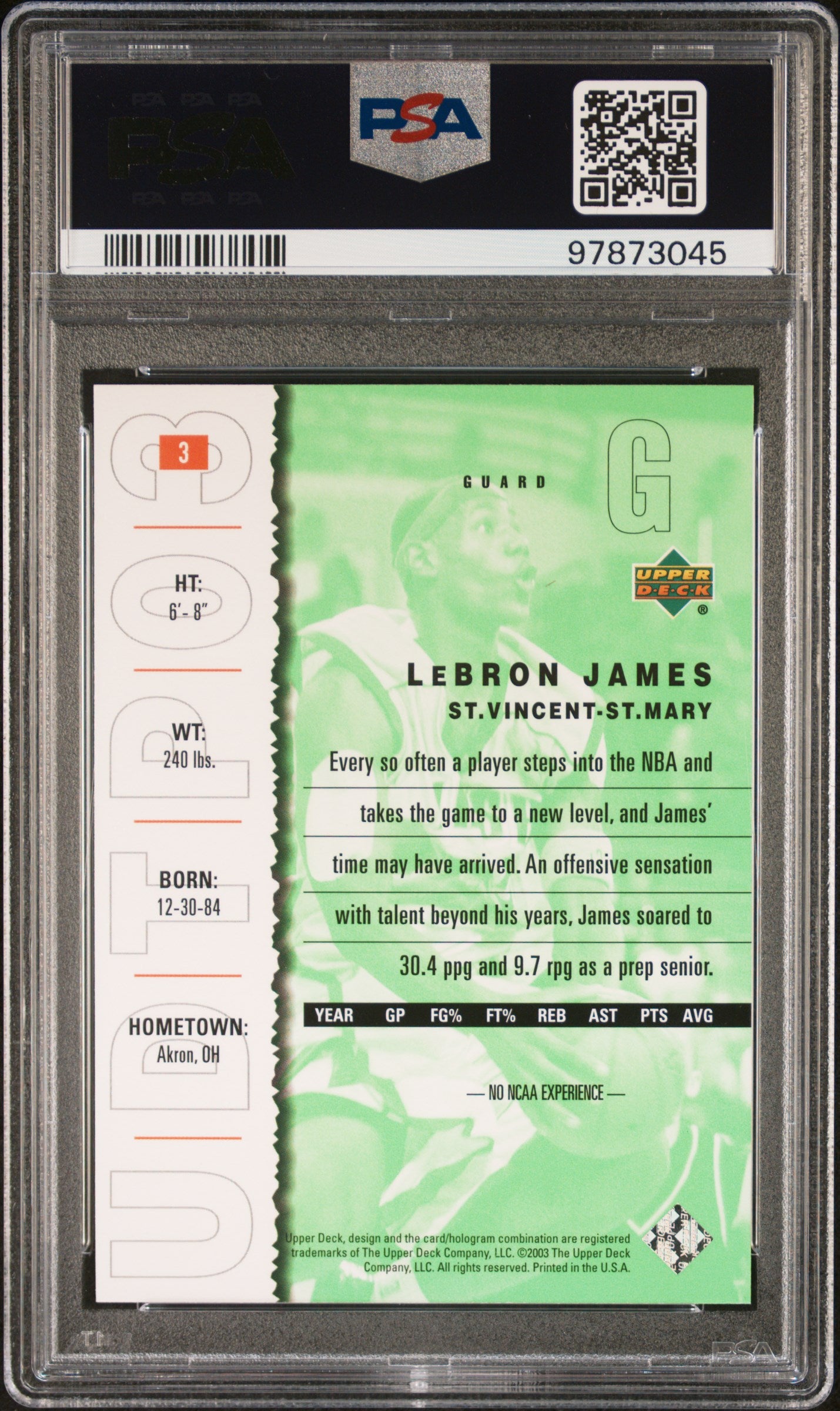 2003 Upper Deck Top Prospects LeBron James #3 PSA 10