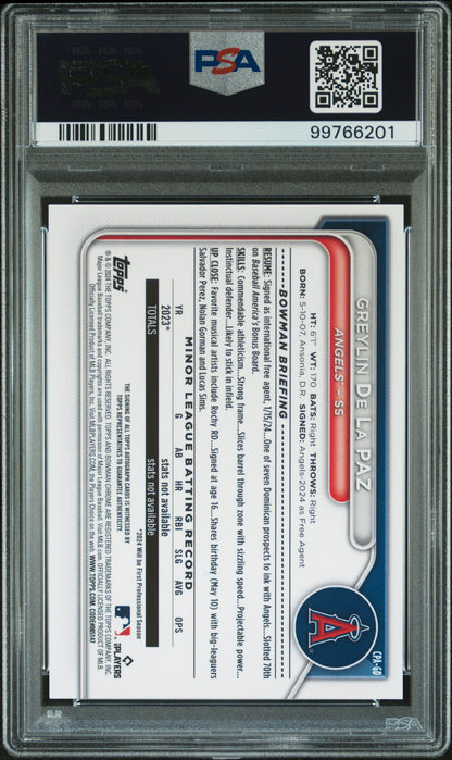 2024 Bowman Chrome Greylin De La Paz Auto Purple Refractor /250 #CPAGD PSA 9