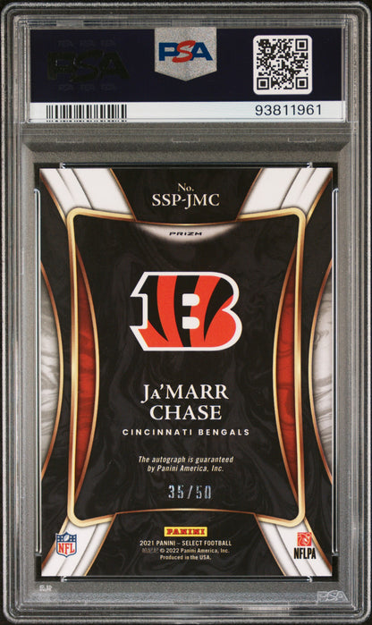 2021 Panini Select Signatures Ja'marr Chase Blue Prizm /50 Auto #SSPJMC PSA 10