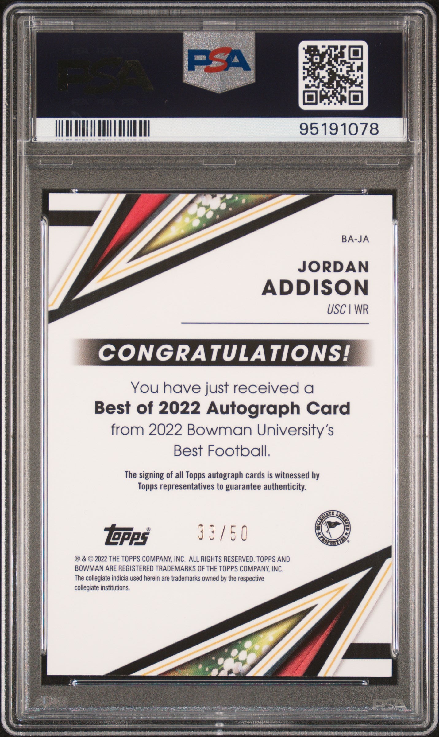 2022 Bowman's Best Of 2022 Jordan Addison Auto Gold Refractor #BAJA PSA 10 /50