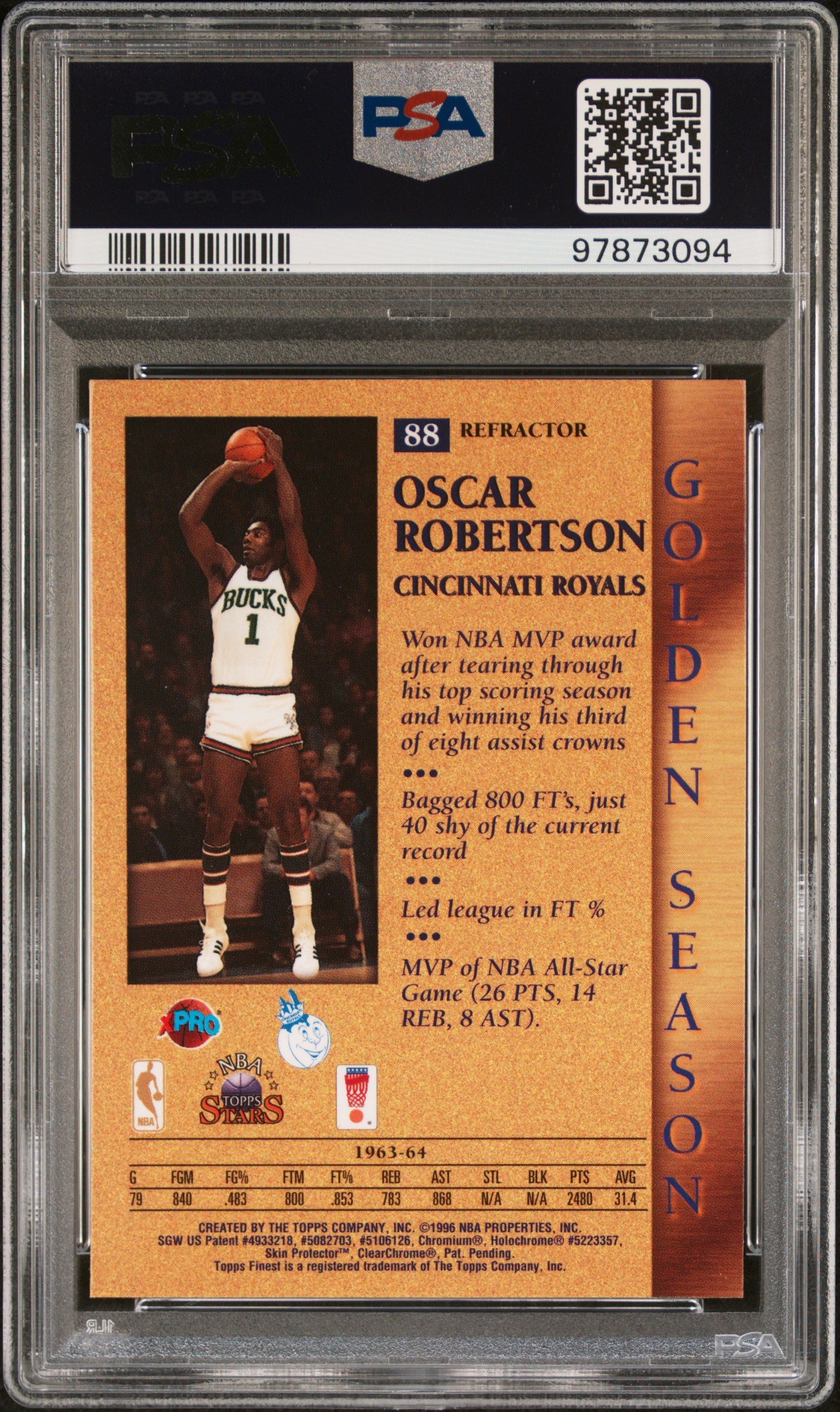 1996 Topps NBA Stars Oscar Robertson Finest Refractor #88 PSA 9