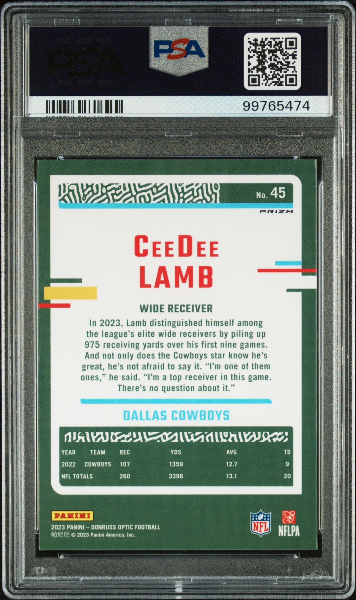 2023 Panini Donruss Optic Ceedee Lamb Rocket #45 PSA 9